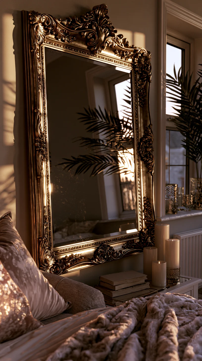 An ornate gold baroque mirror as a dramatic accent on a living room wall, photo 4 of 4