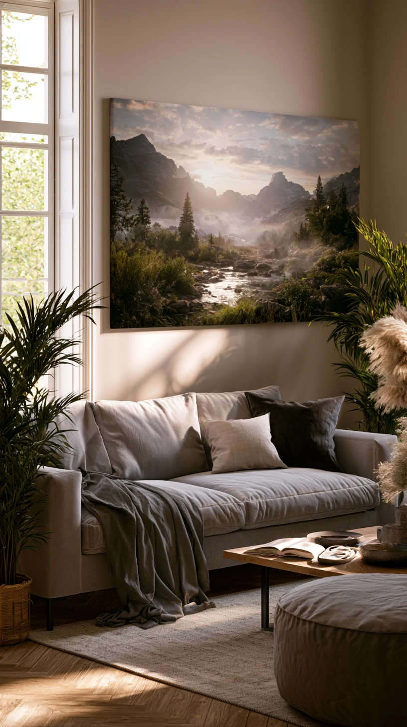 A large framed forest landscape canvas bringing nature into a living room, photo 1 of 4