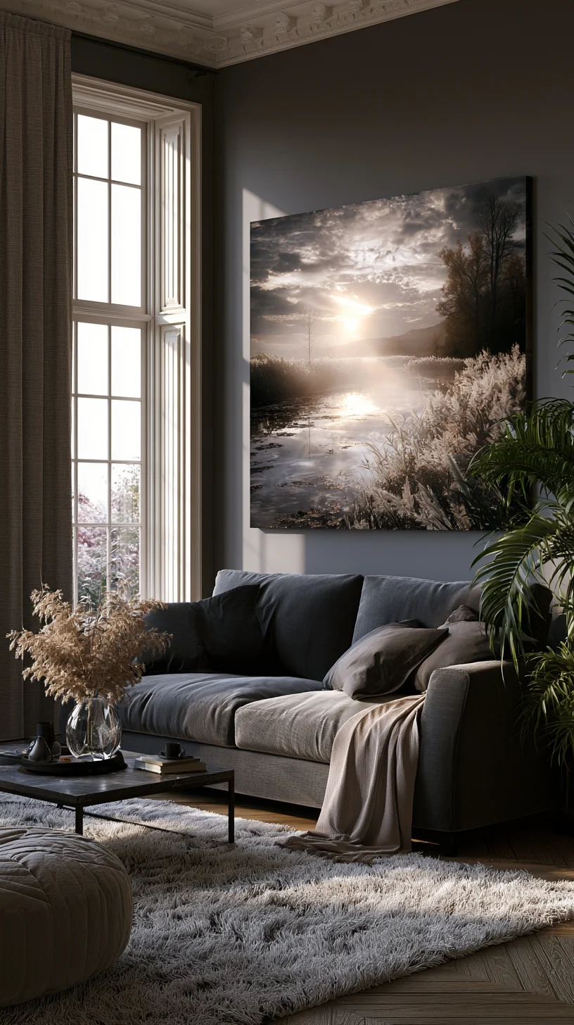 A large framed forest landscape canvas bringing nature into a living room, photo 3 of 4