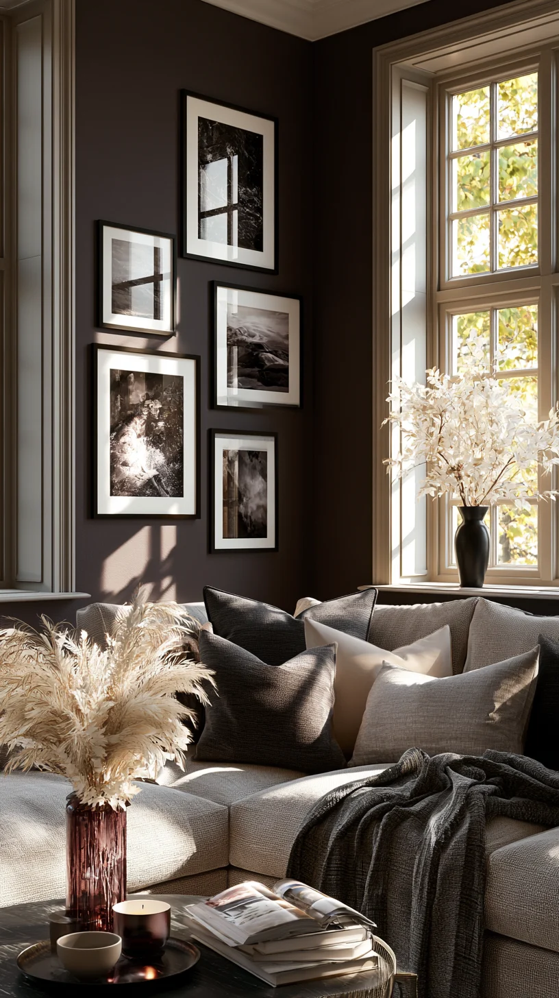 Art arranged in an odd-numbered group on a living room wall, photo 1 of 2