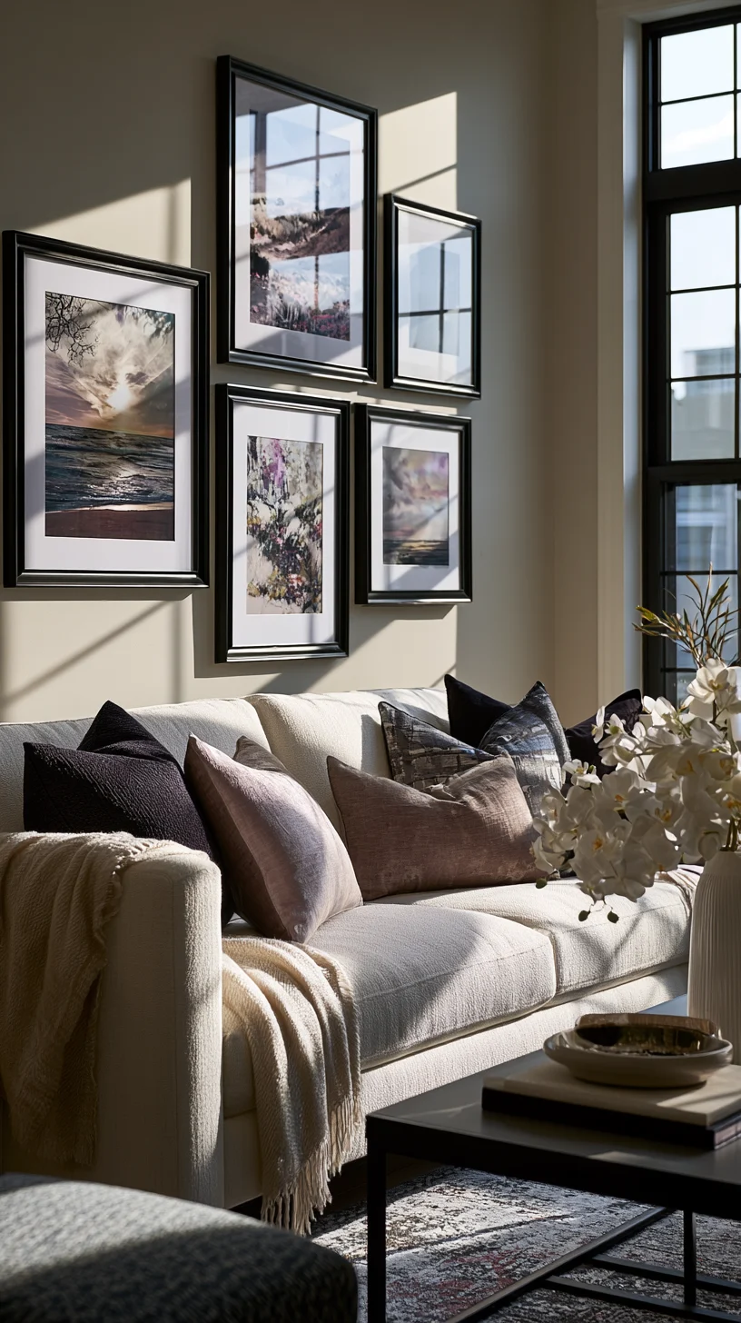 Art arranged in an odd-numbered group on a living room wall, photo 2 of 2