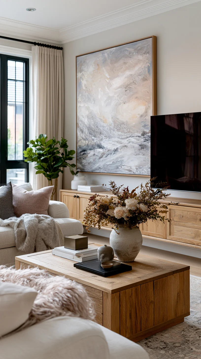Large wall art centered above a media console in a modern living room, photo 1 of 4