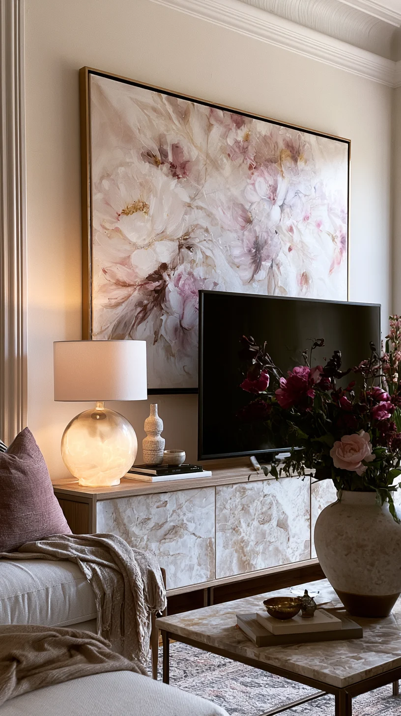 Large wall art centered above a media console in a modern living room, photo 2 of 4