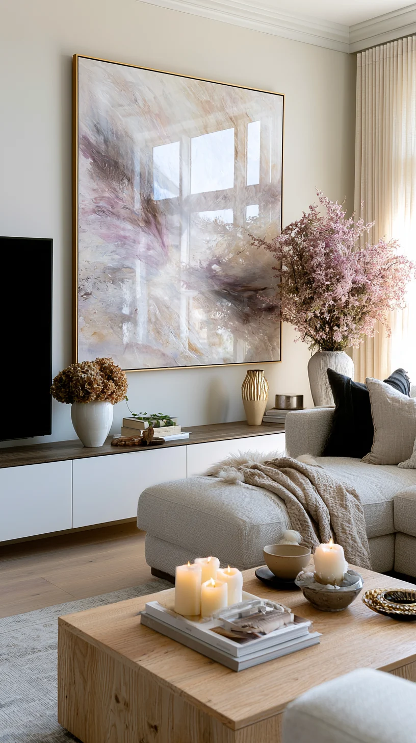 Large wall art centered above a media console in a modern living room, photo 3 of 4