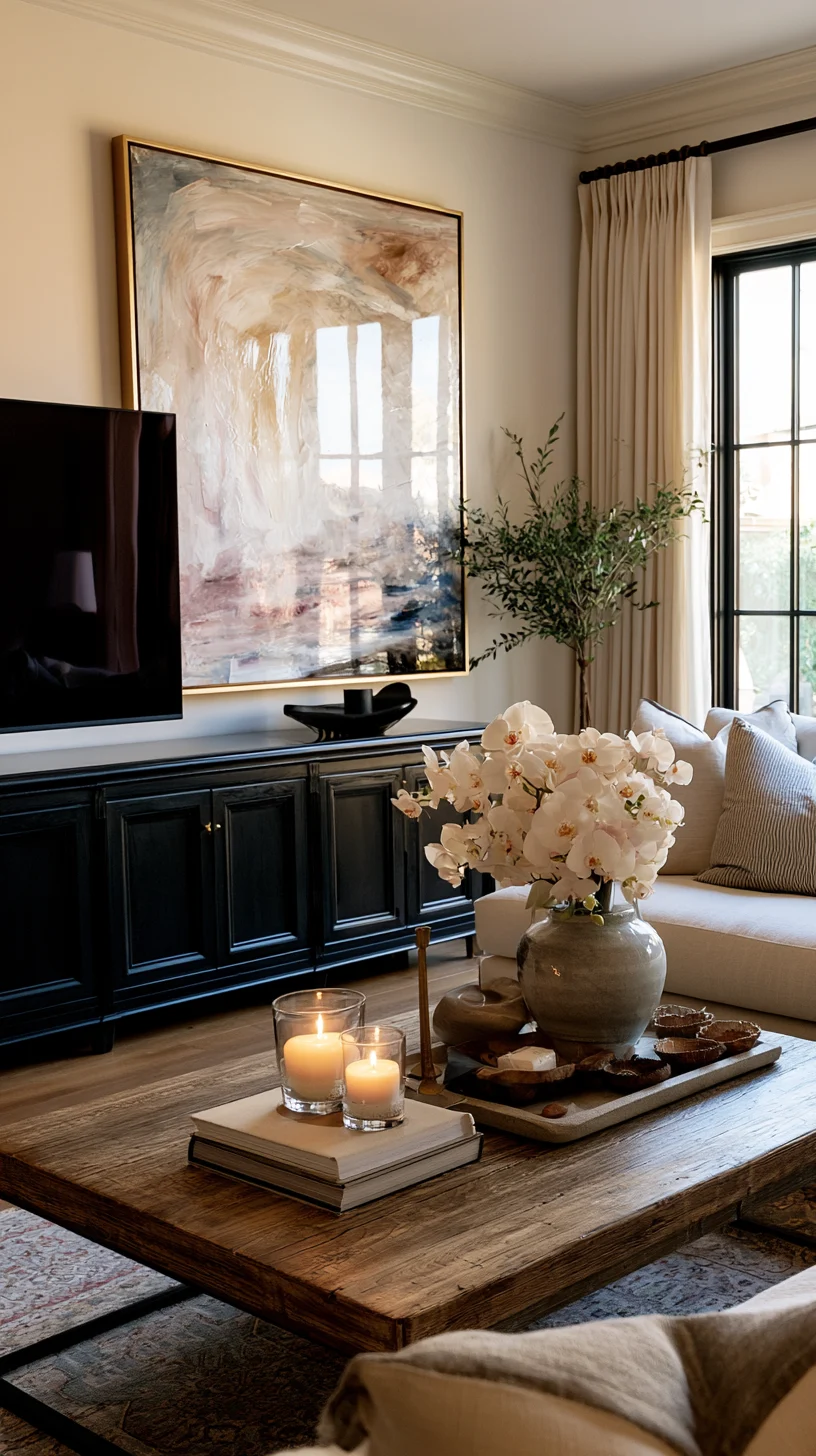 Large wall art centered above a media console in a modern living room, photo 4 of 4