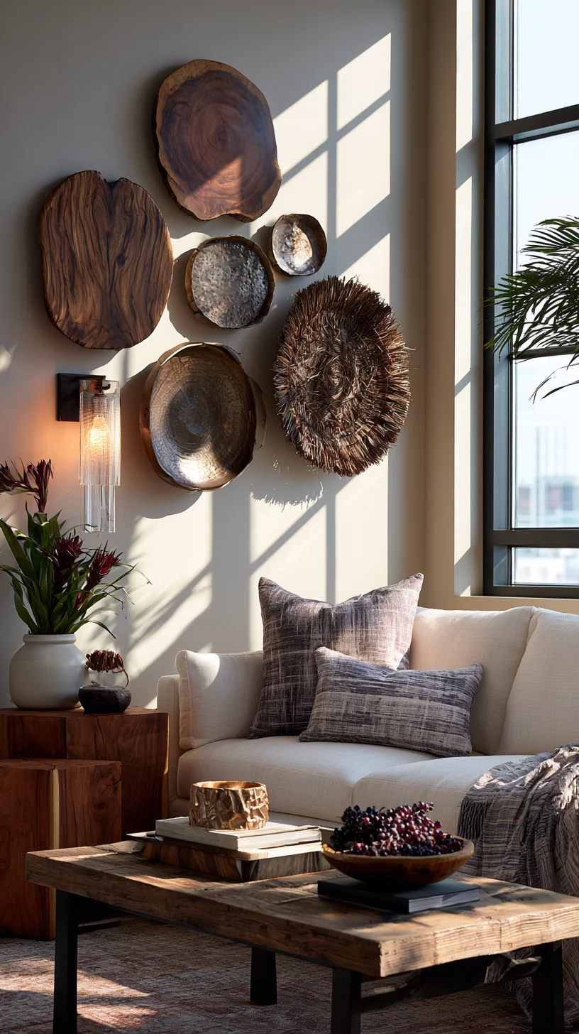 A wall mixing wood, metal, and fiber art elements in a modern living room, photo 1 of 4