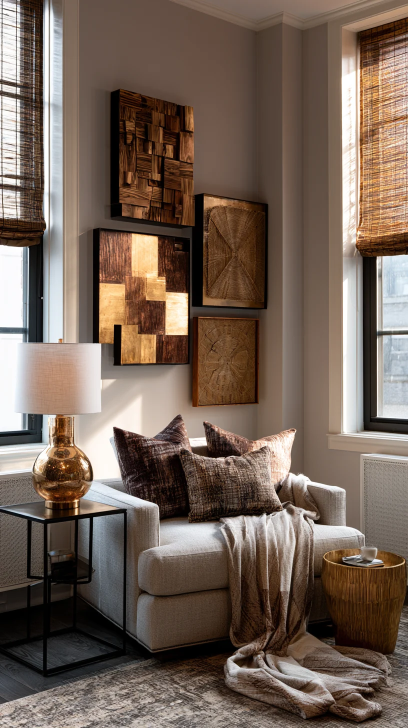 A wall mixing wood, metal, and fiber art elements in a modern living room, photo 2 of 4