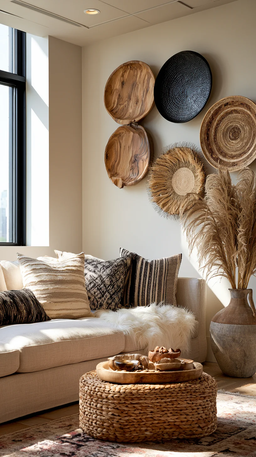 A wall mixing wood, metal, and fiber art elements in a modern living room, photo 3 of 4