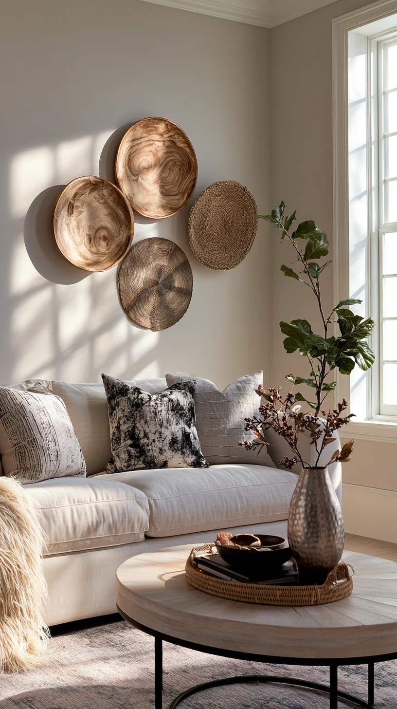 A wall mixing wood, metal, and fiber art elements in a modern living room, photo 4 of 4