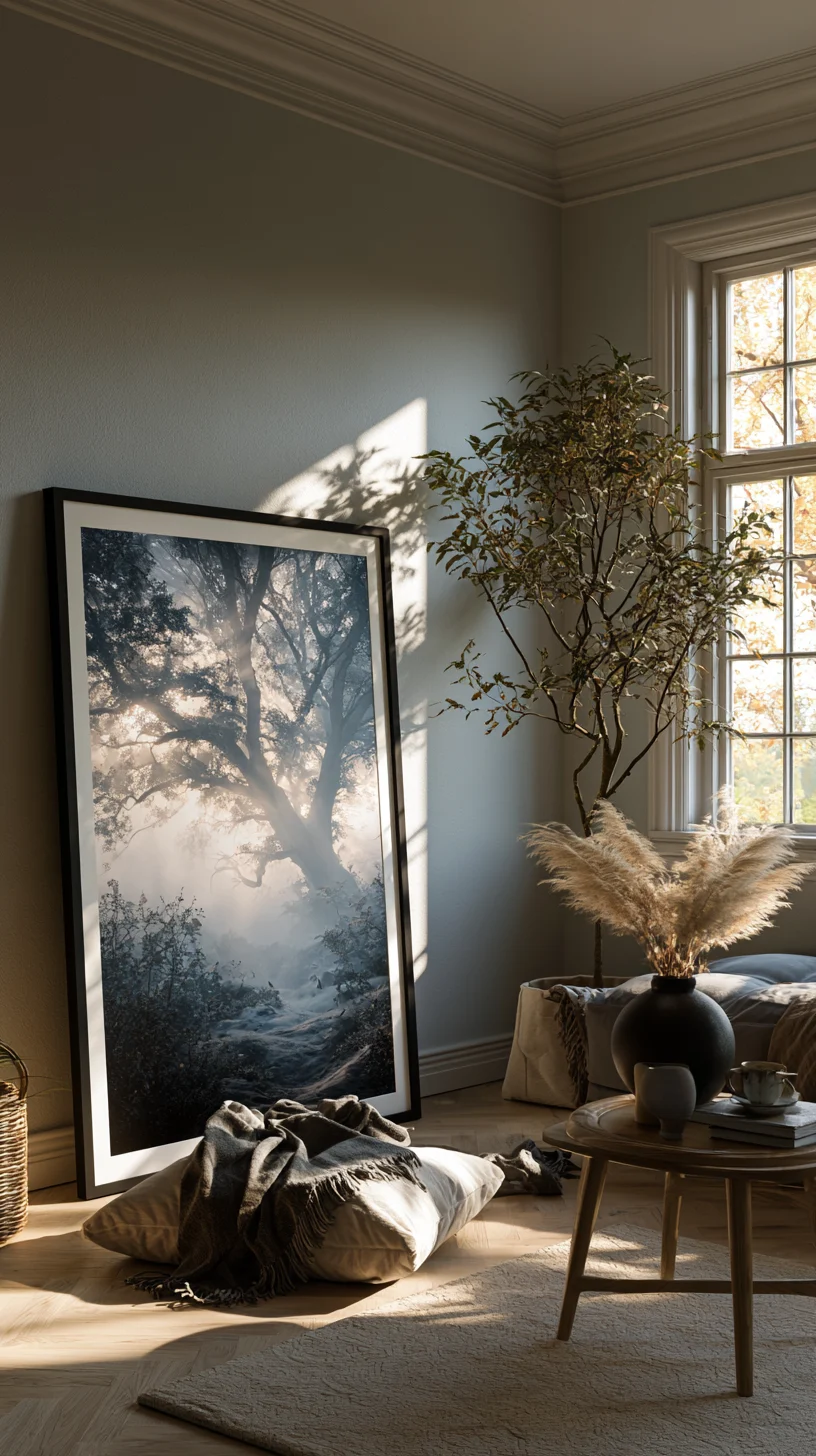 A large framed art piece leaning casually against a living room wall, photo 1 of 4