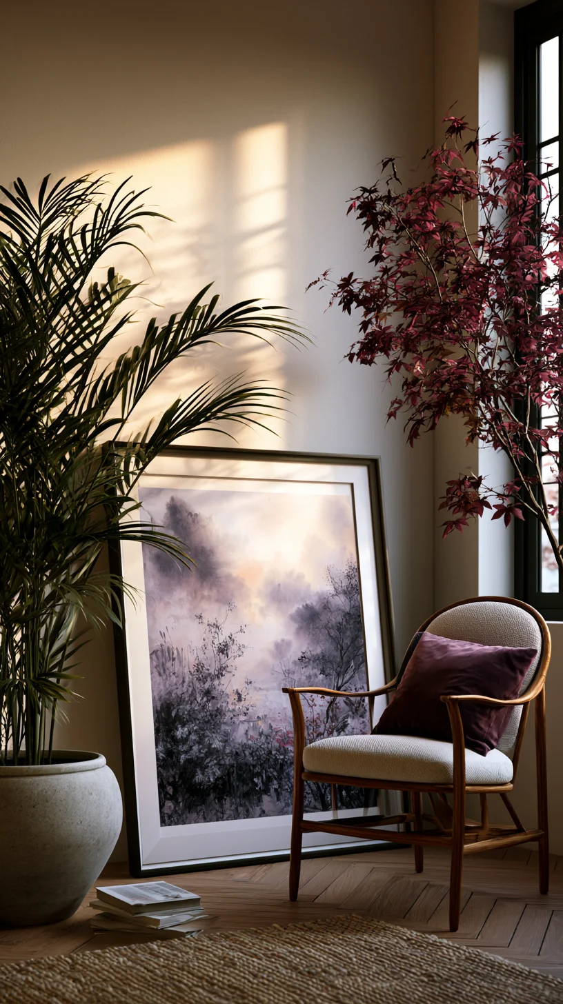 A large framed art piece leaning casually against a living room wall, photo 2 of 4