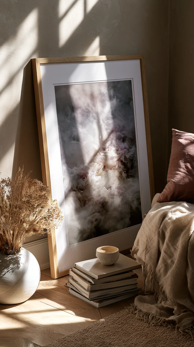 A large framed art piece leaning casually against a living room wall, photo 3 of 4