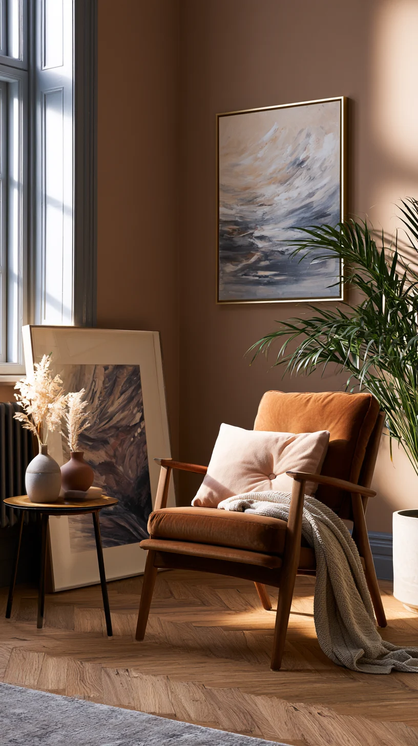 A large framed art piece leaning casually against a living room wall, photo 4 of 4
