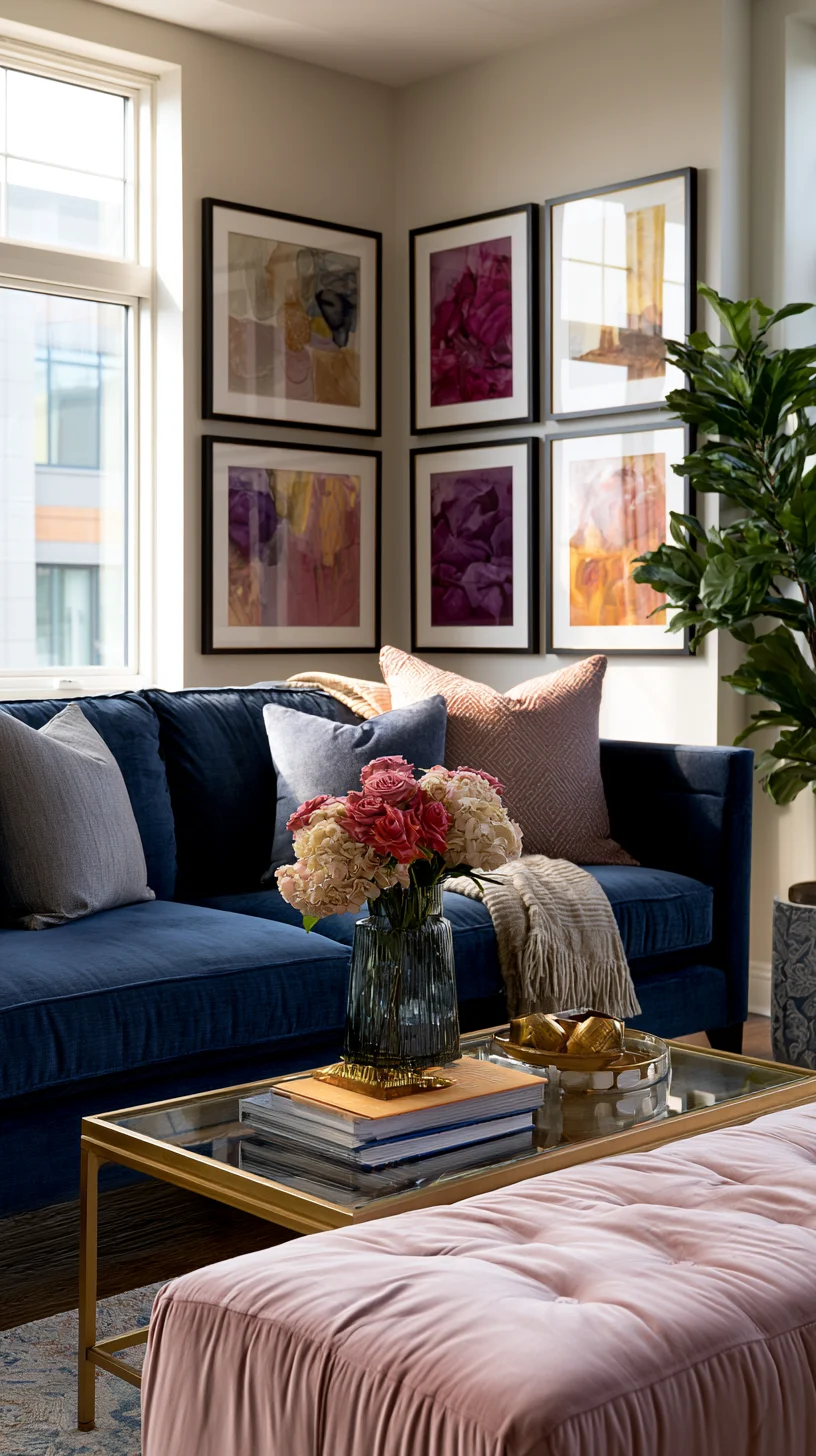 Framed art sharing one repeated bold color across a living room wall, photo 1 of 2