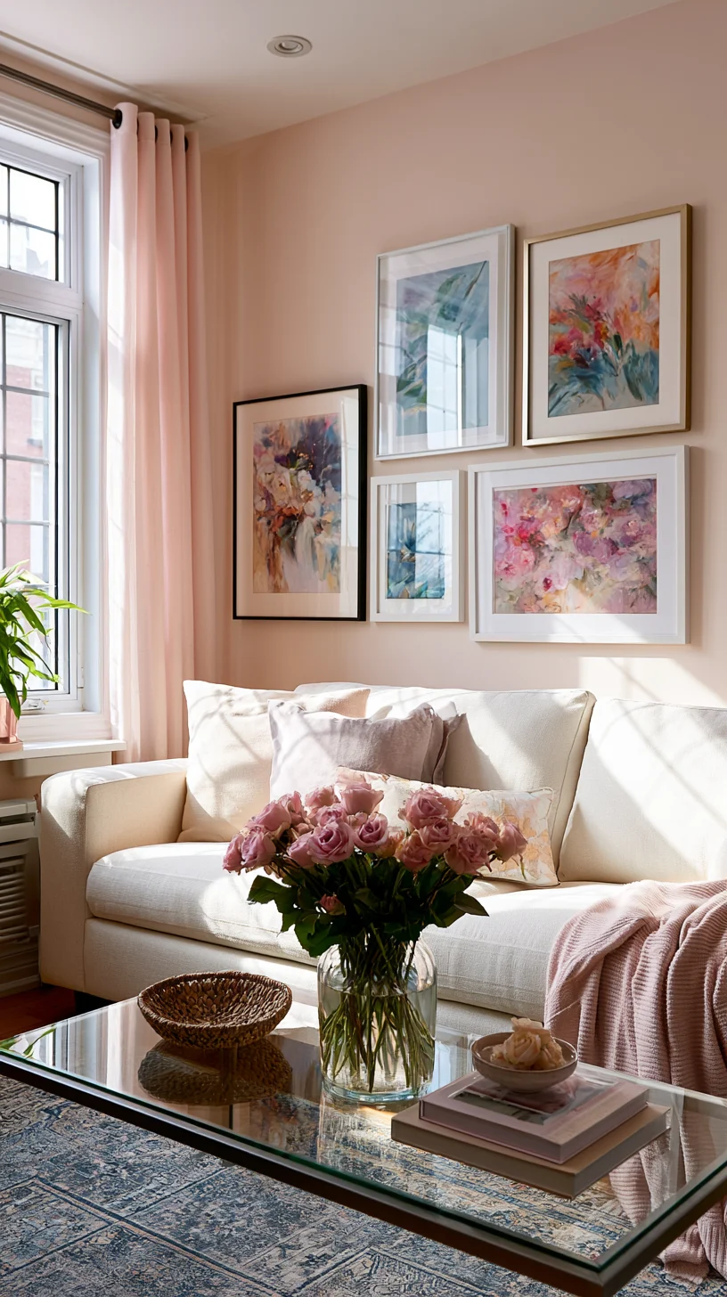 Framed art sharing one repeated bold color across a living room wall, photo 2 of 2