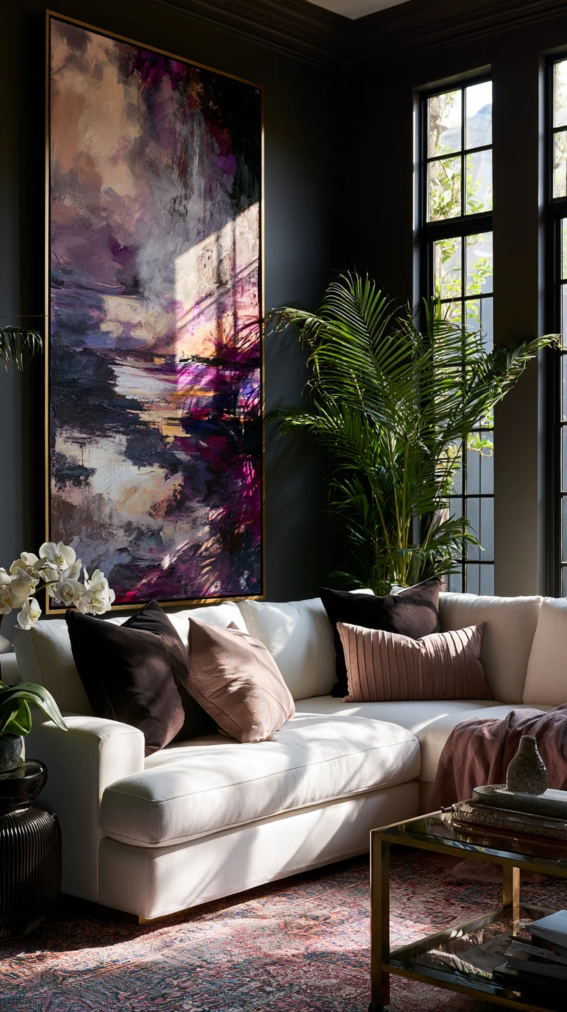 Tall vertical art filling an awkward narrow corner of a living room, photo 1 of 4