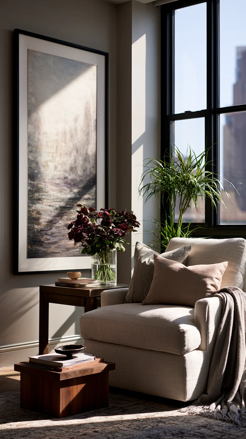 Tall vertical art filling an awkward narrow corner of a living room, photo 2 of 4
