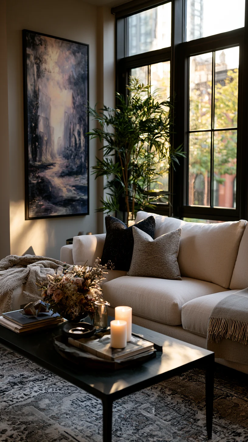 Tall vertical art filling an awkward narrow corner of a living room, photo 4 of 4