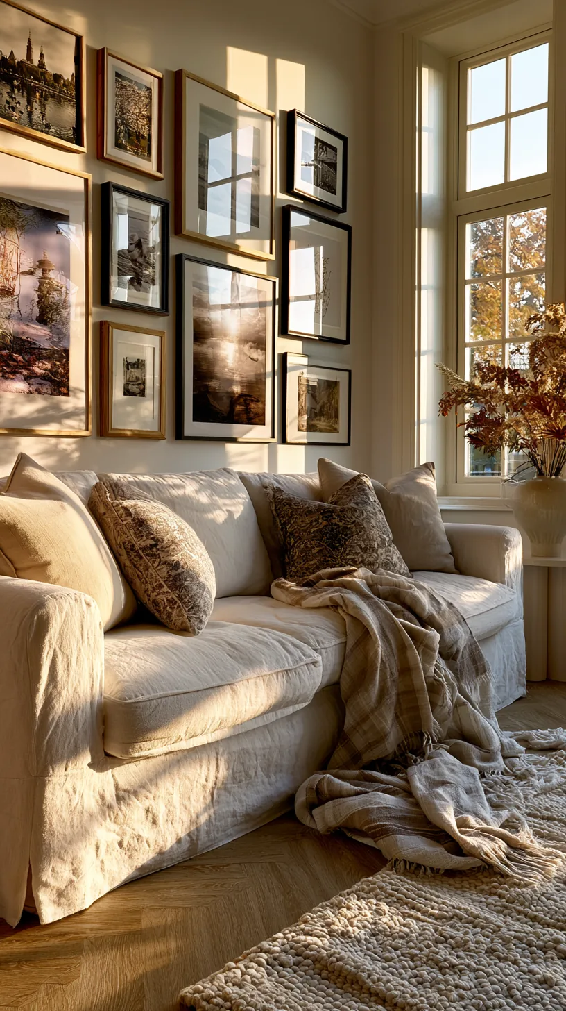 a living room gallery wall of framed prints above a sofa, photo 1 of 4
