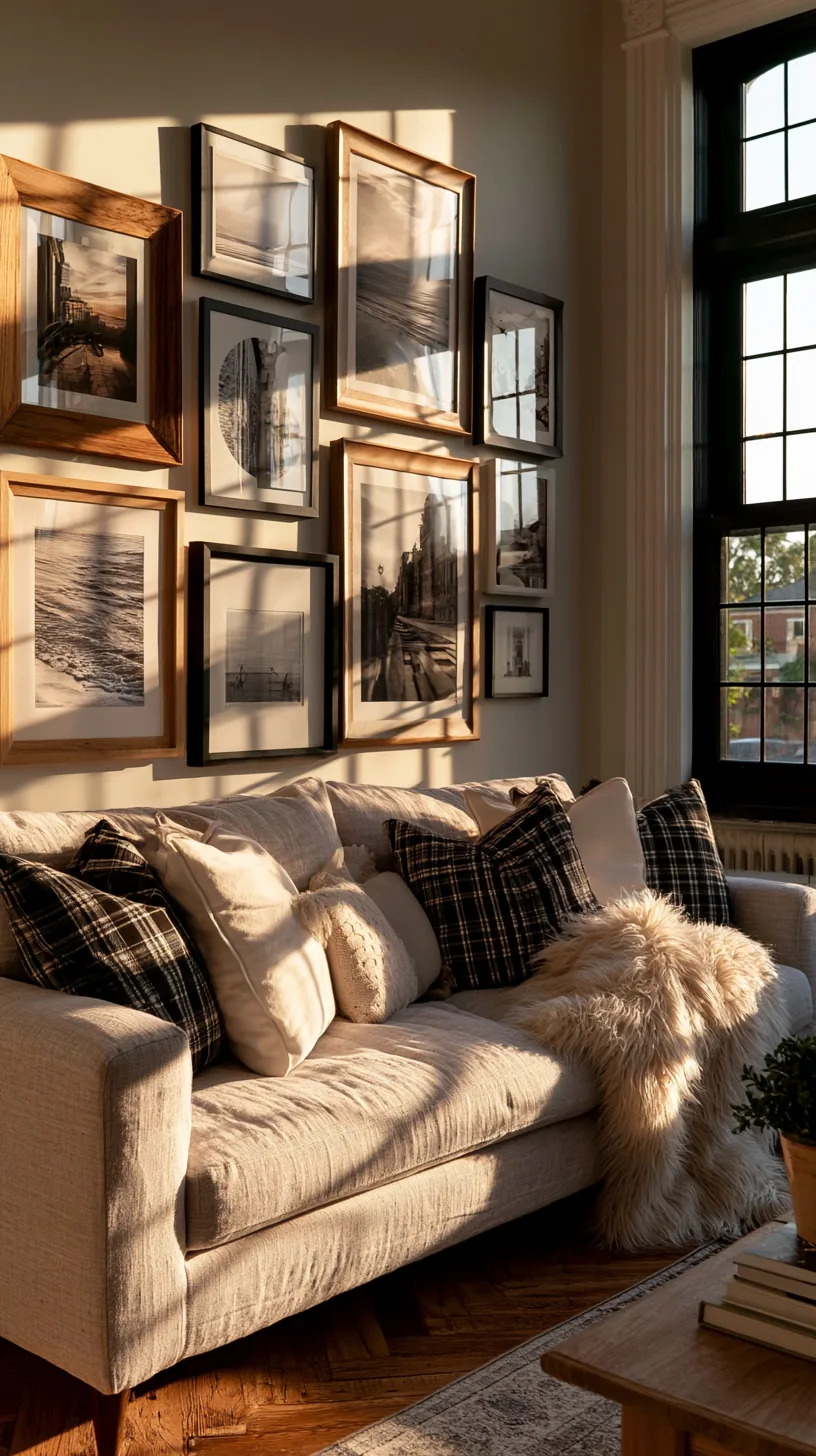 a living room gallery wall of framed prints above a sofa, photo 2 of 4