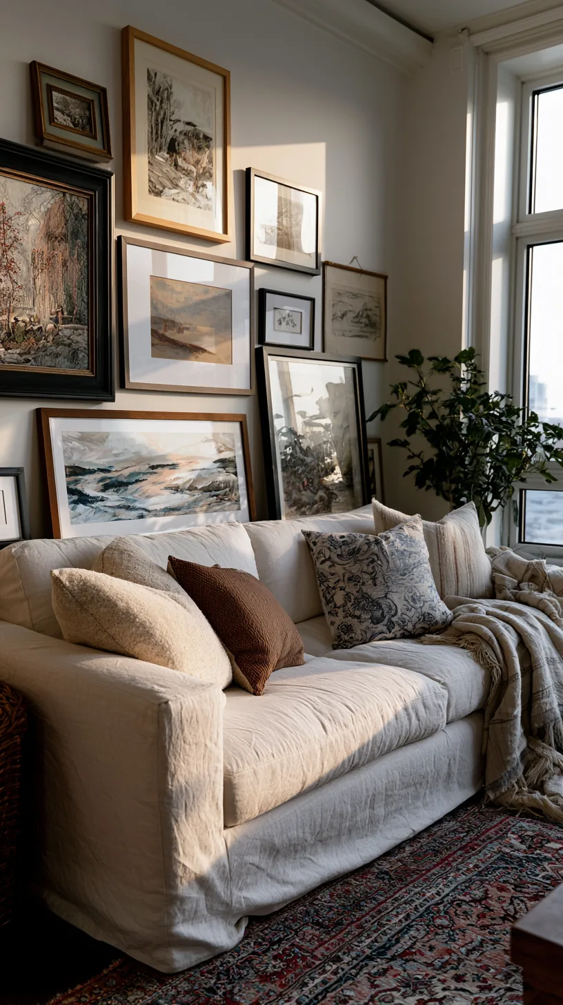 a living room gallery wall of framed prints above a sofa, photo 3 of 4