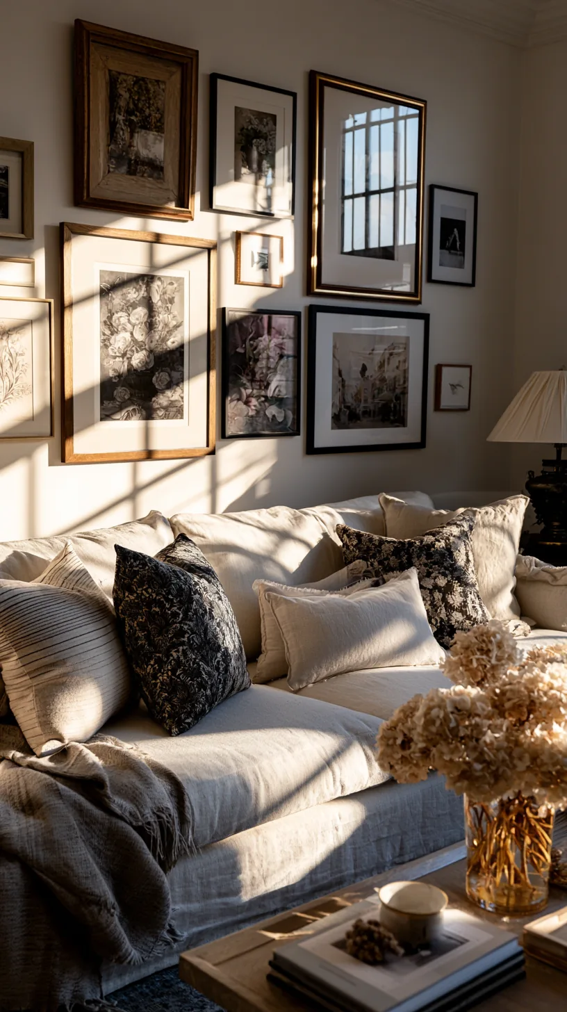 a living room gallery wall of framed prints above a sofa, photo 4 of 4