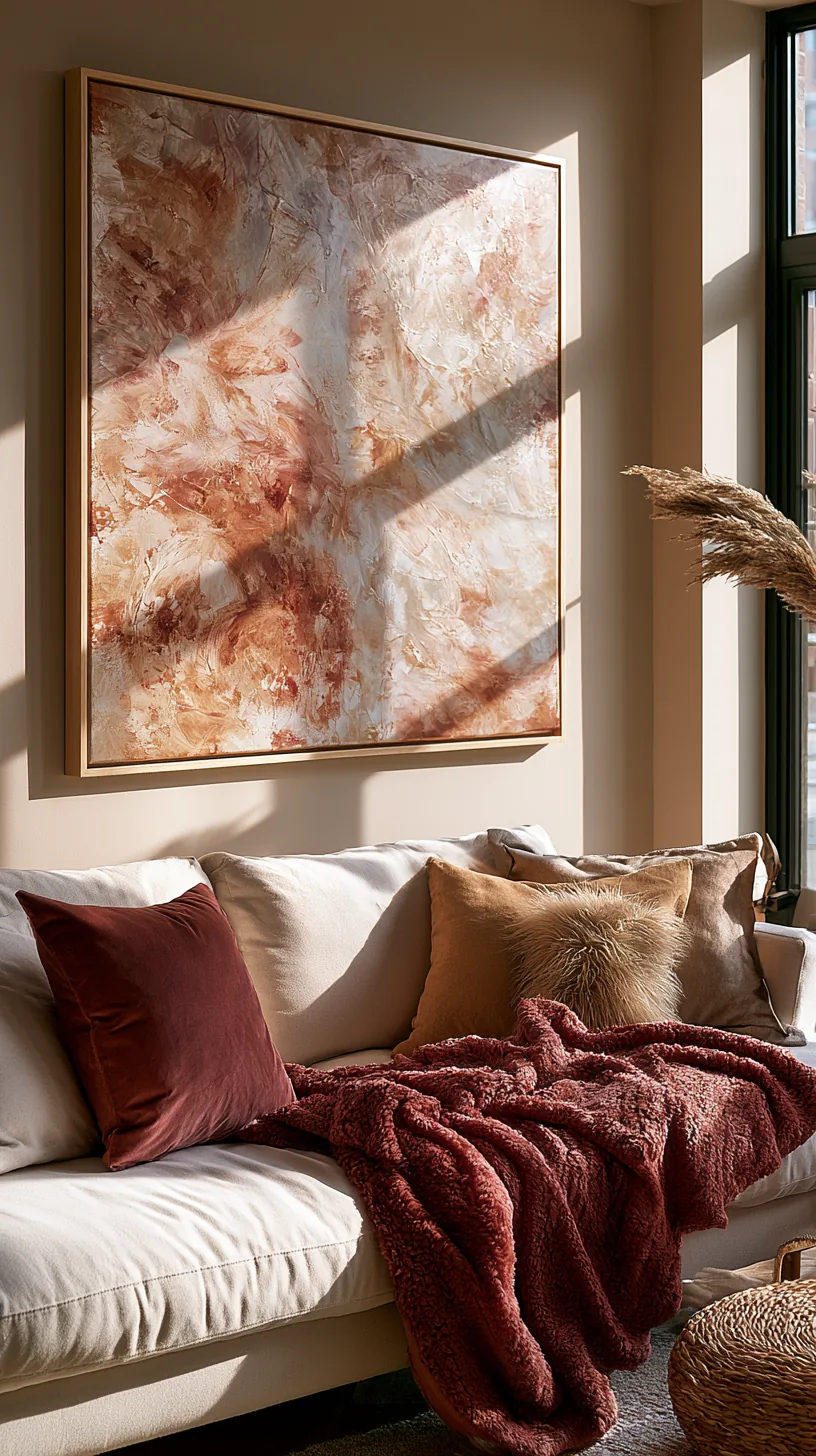 an oversized abstract canvas hanging above a living room couch, photo 1 of 4