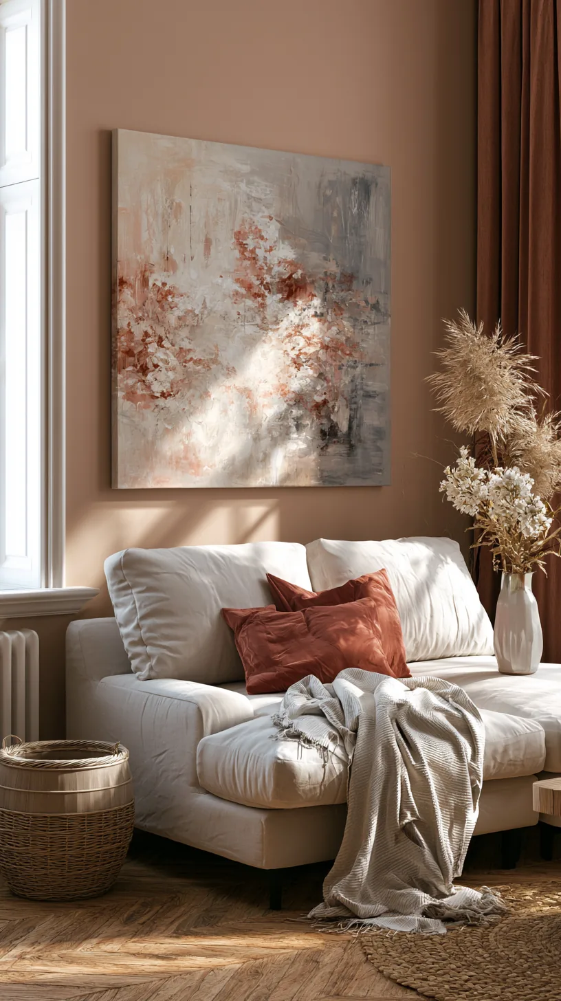 an oversized abstract canvas hanging above a living room couch, photo 2 of 4