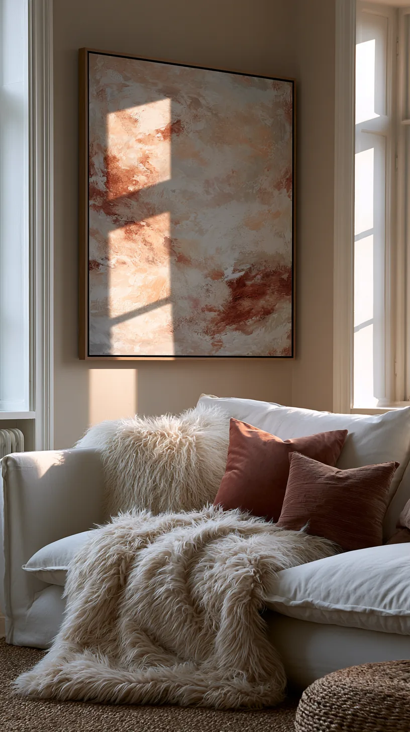 an oversized abstract canvas hanging above a living room couch, photo 3 of 4
