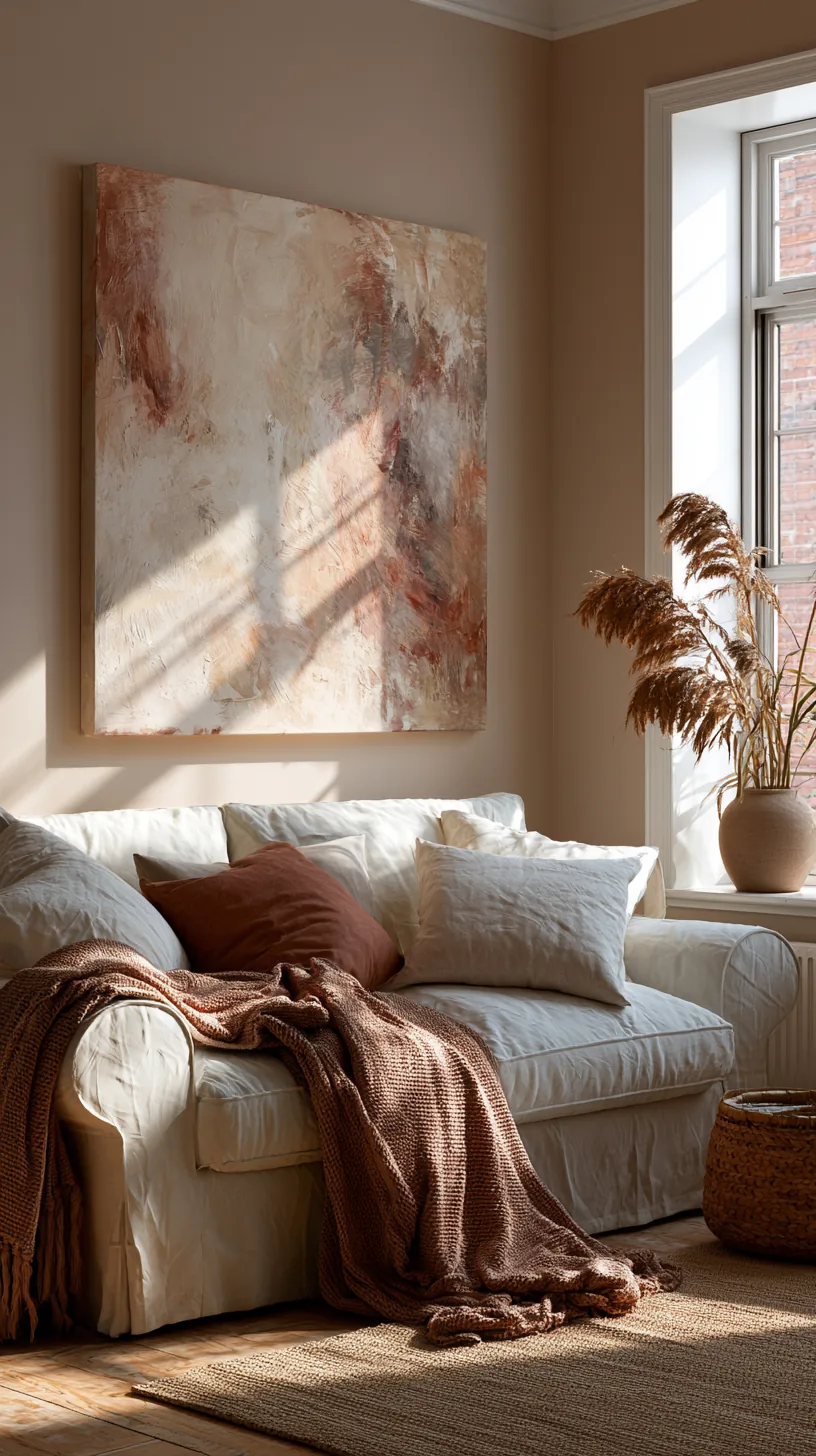 an oversized abstract canvas hanging above a living room couch, photo 4 of 4