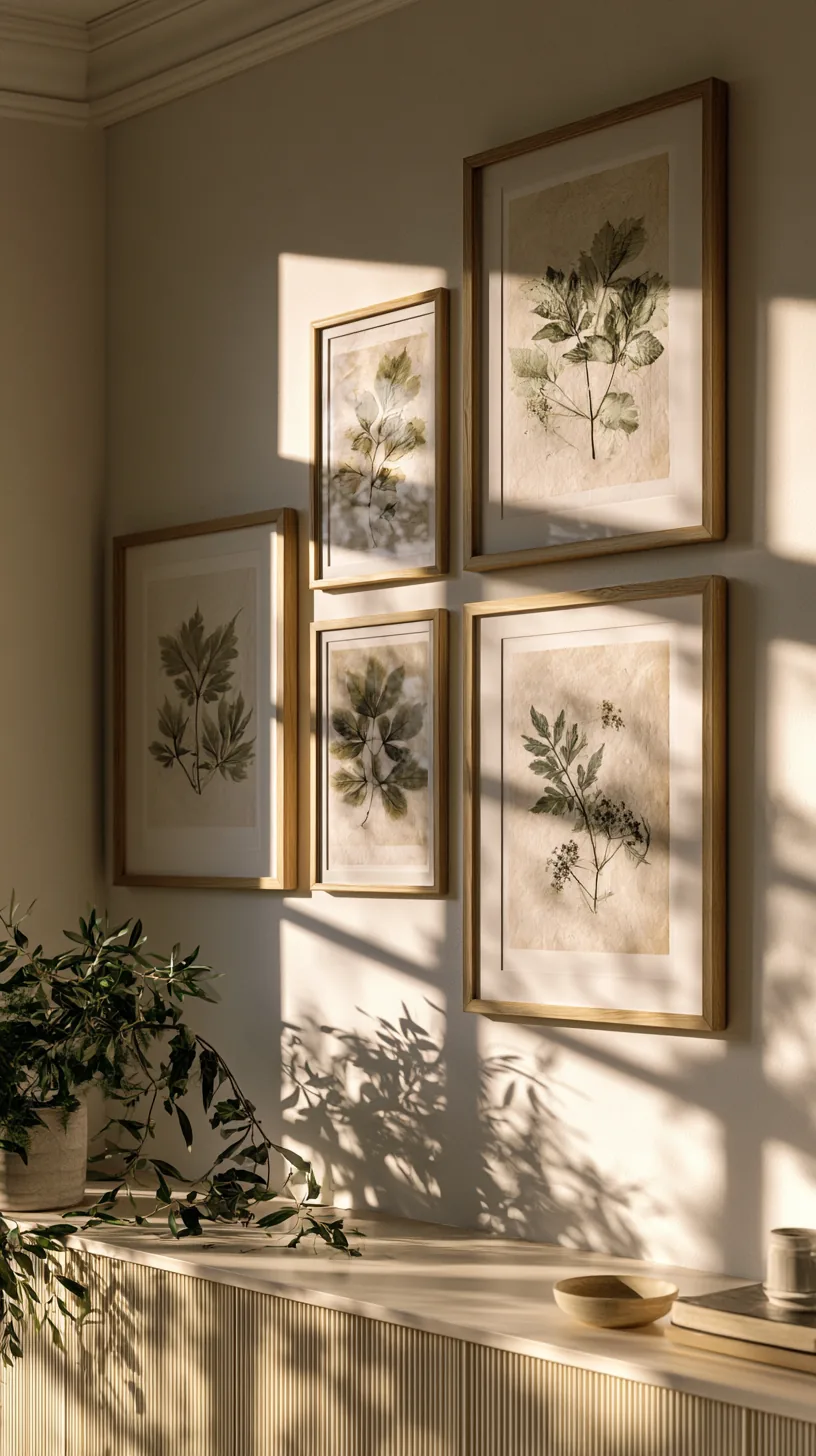 a framed botanical print collection on a living room wall, photo 1 of 4