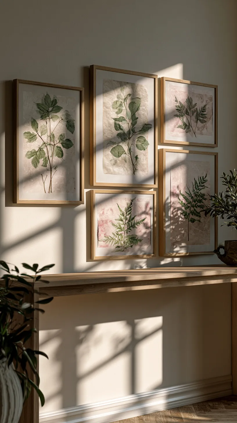 a framed botanical print collection on a living room wall, photo 2 of 4