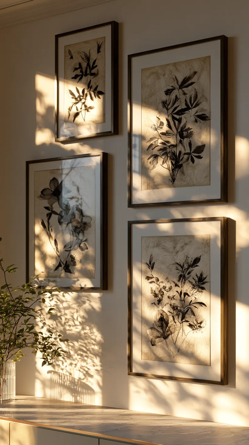 a framed botanical print collection on a living room wall, photo 3 of 4