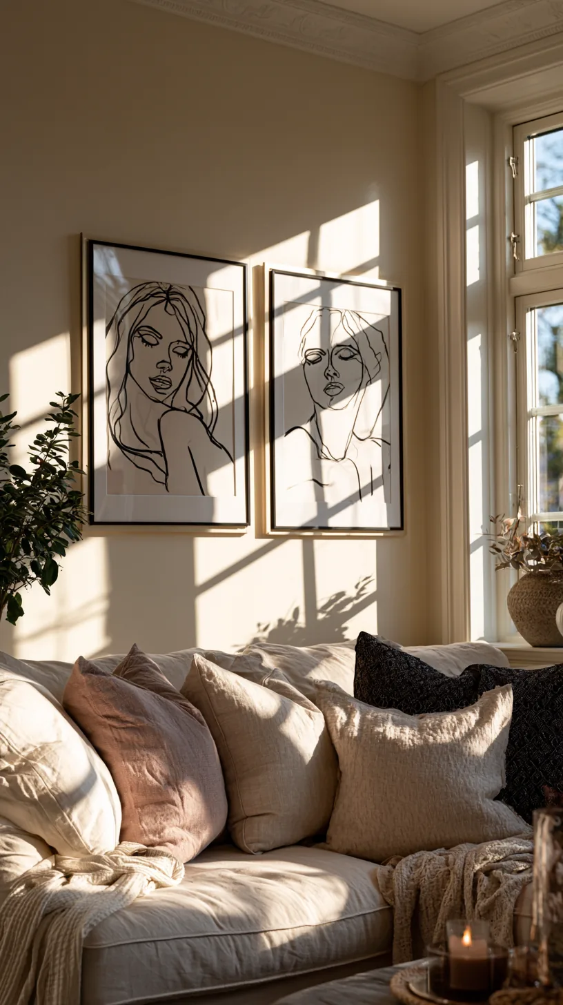 minimalist black and white line art in slim frames on a living room wall, photo 1 of 4