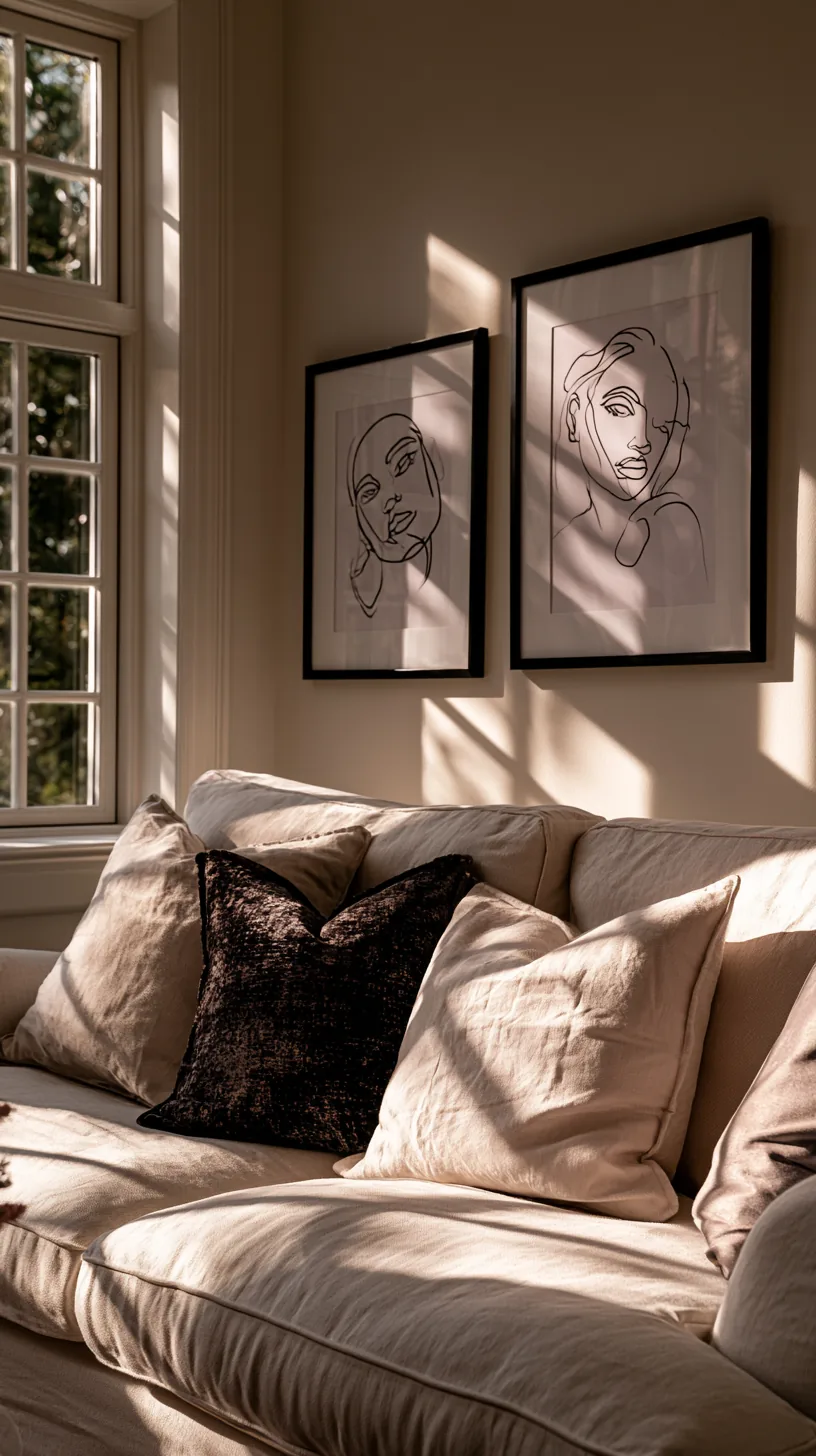 minimalist black and white line art in slim frames on a living room wall, photo 2 of 4