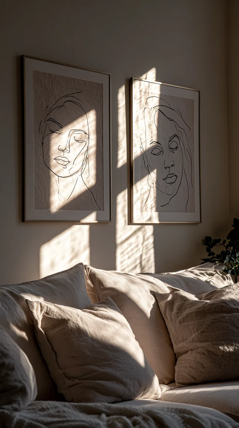 minimalist black and white line art in slim frames on a living room wall, photo 3 of 4