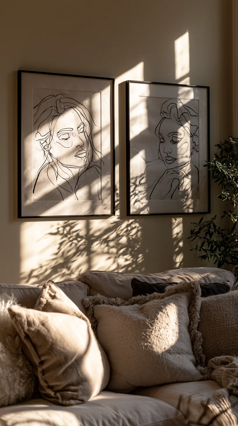 minimalist black and white line art in slim frames on a living room wall, photo 4 of 4