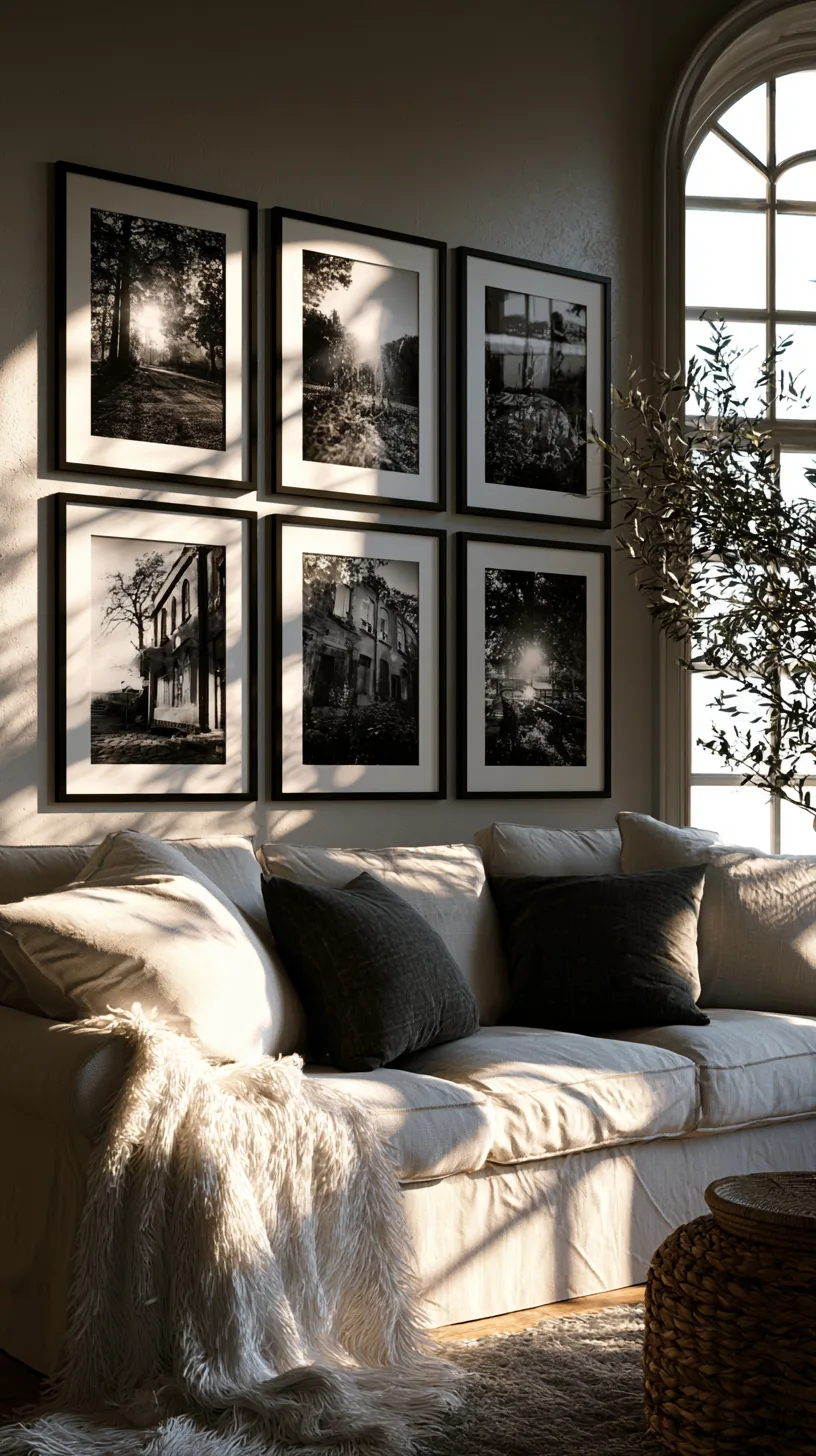 a black and white photo grid on a living room wall, photo 1 of 4