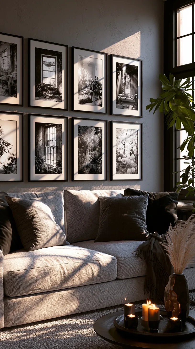 a black and white photo grid on a living room wall, photo 2 of 4