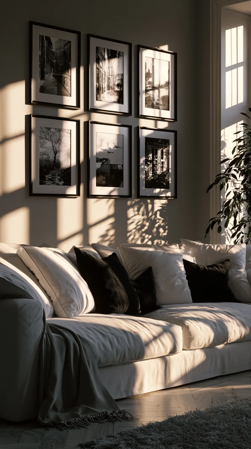 a black and white photo grid on a living room wall, photo 3 of 4