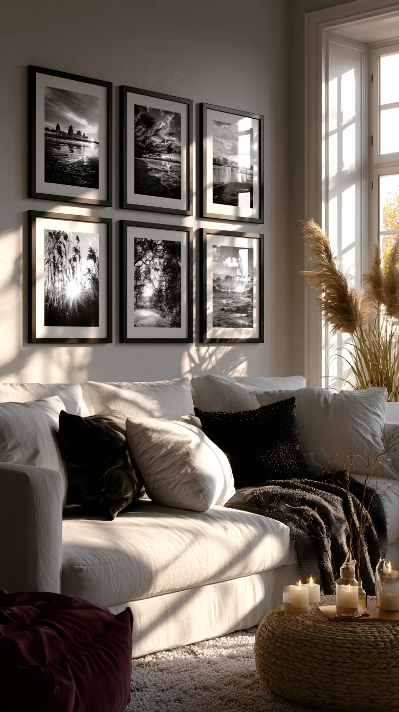 a black and white photo grid on a living room wall, photo 4 of 4