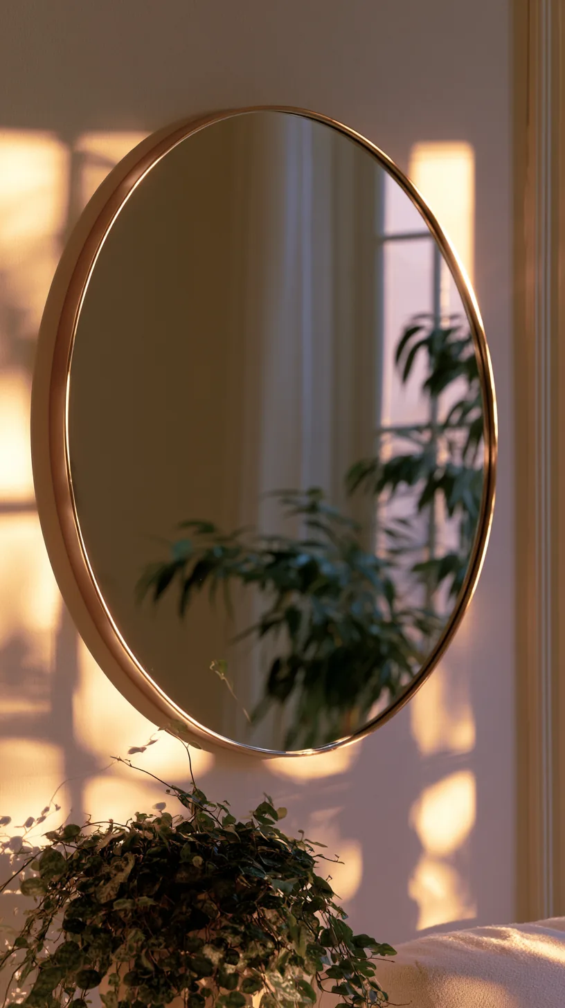 a large round mirror hung as art above a living room console, photo 1 of 7