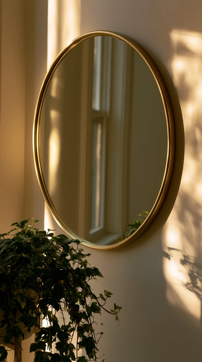 a large round mirror hung as art above a living room console, photo 2 of 7