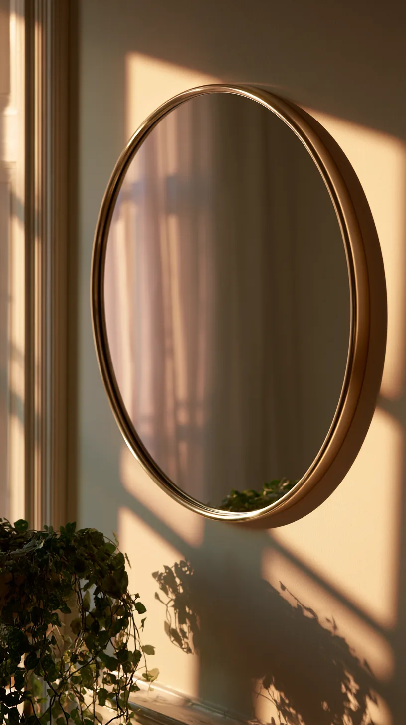 a large round mirror hung as art above a living room console, photo 3 of 7