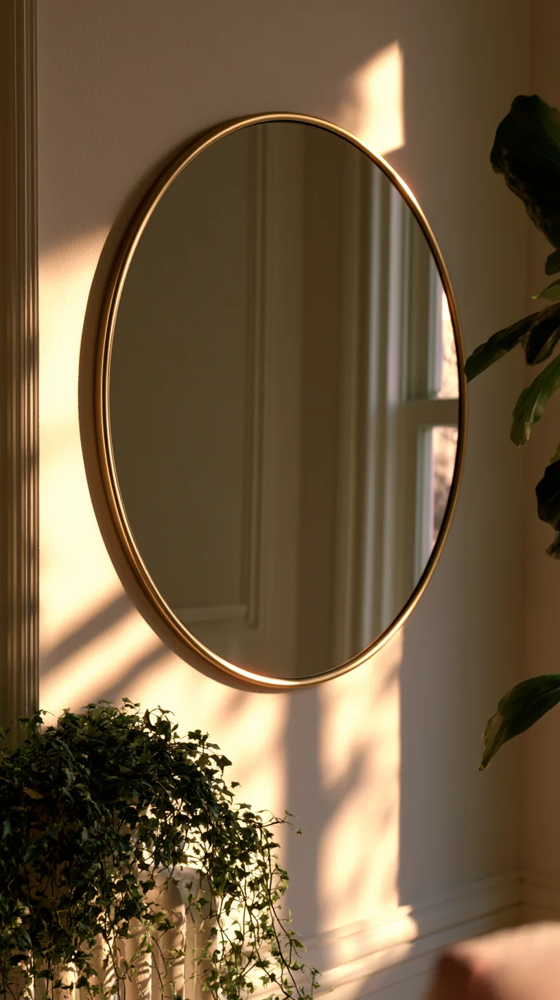 a large round mirror hung as art above a living room console, photo 4 of 7