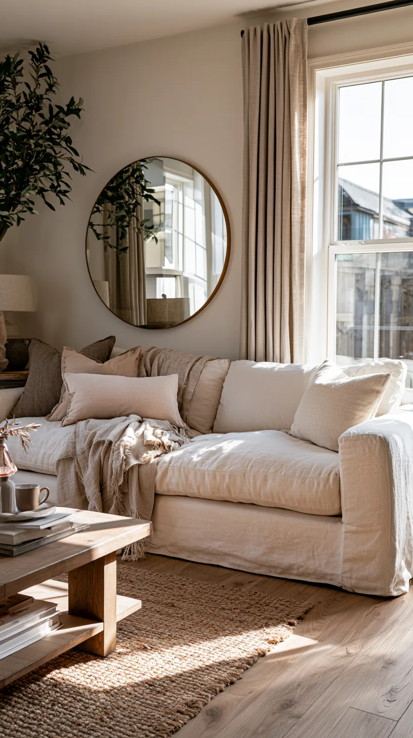 a large round mirror hung as art above a living room console, photo 5 of 7