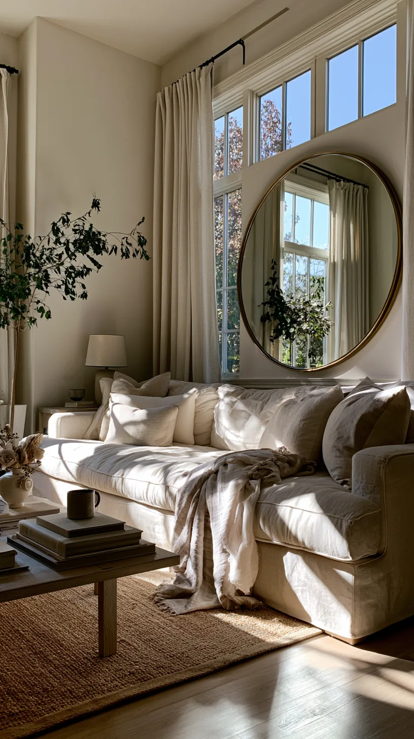 a large round mirror hung as art above a living room console, photo 6 of 7
