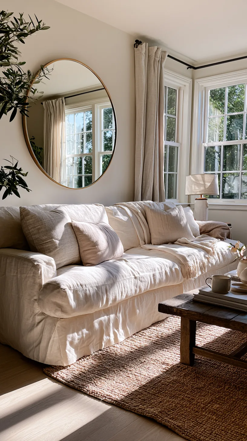 a large round mirror hung as art above a living room console, photo 7 of 7