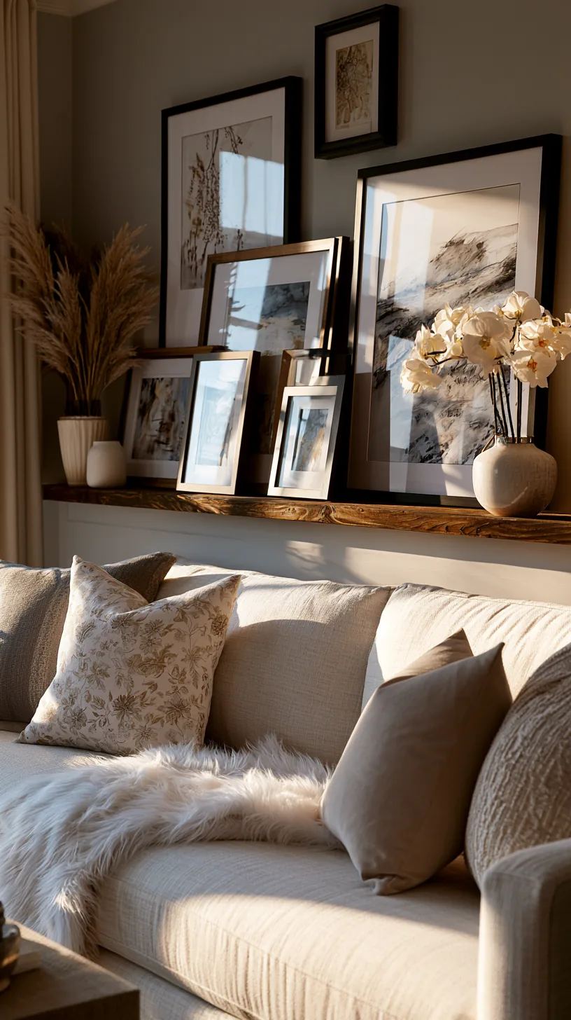 a narrow picture ledge with leaning framed art on a living room wall, photo 1 of 4