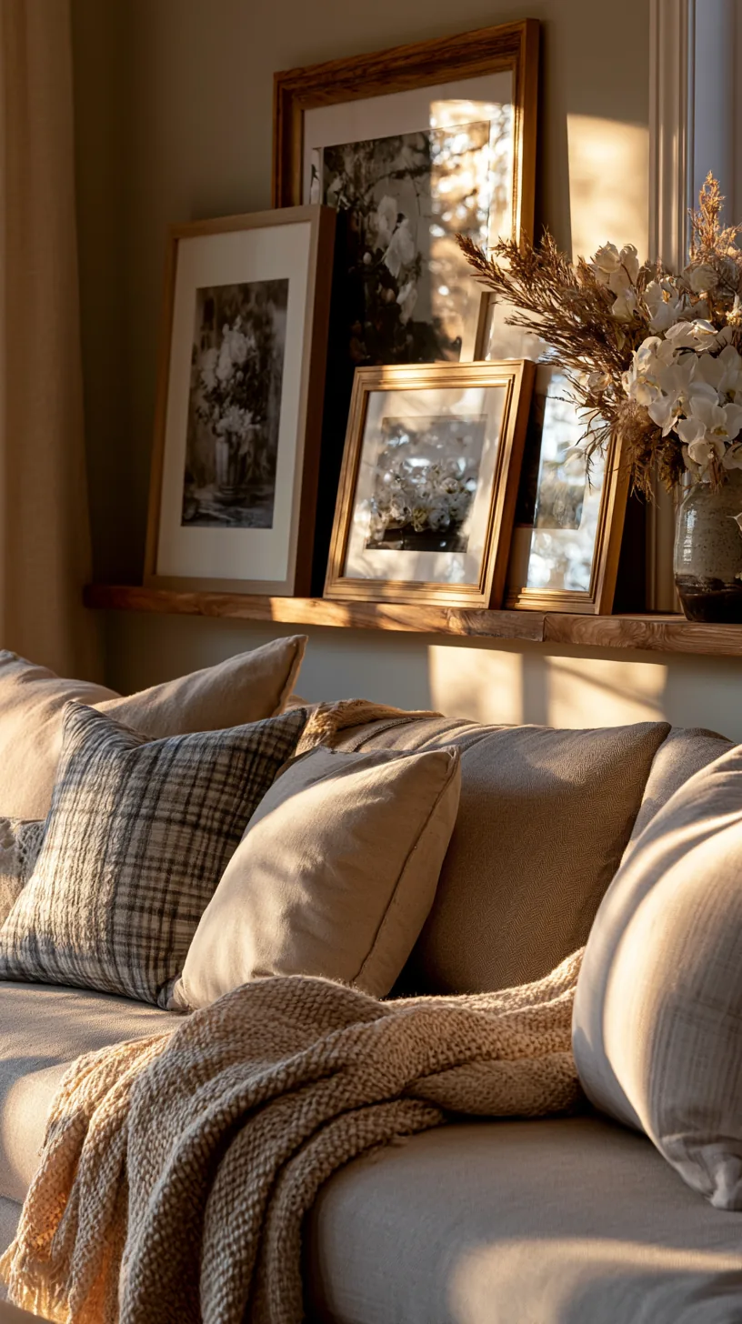 a narrow picture ledge with leaning framed art on a living room wall, photo 2 of 4